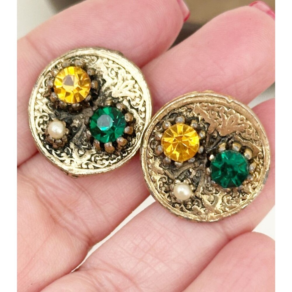 Vintage Gold Tone Clip-on Earrings Round Disk Green Yellow Rhinestone